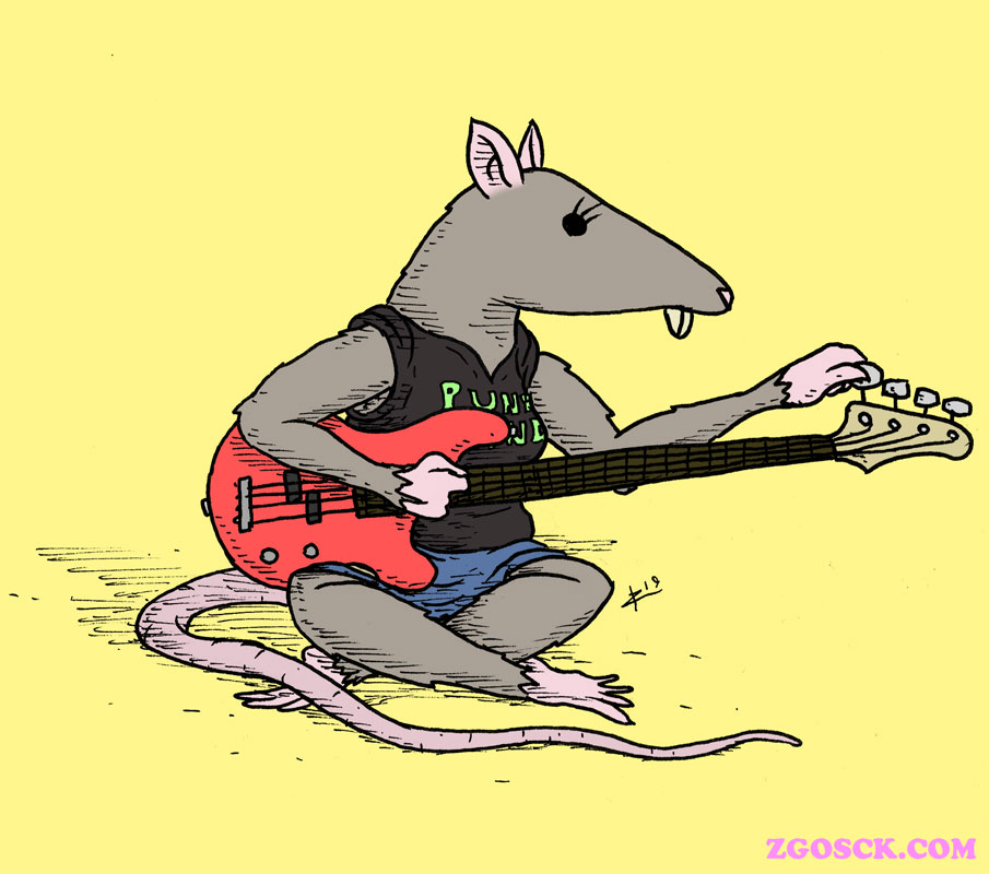 2019 4_fingers 4_toes anthro black_clothing black_eyes black_shirt black_t-shirt black_topwear clothing denim denim_clothing denim_skirt dot_eyes feet female fingers fur grey_body grey_fur lotus_pose mammal murid murine playing_bass rat rodent shirt signature simple_background sitting_on_floor skitters_(zigmenthotep) solo t-shirt text text_on_clothing text_on_shirt text_on_topwear toes topwear traditional_media_(artwork) watermark yellow_background zigmenthotep