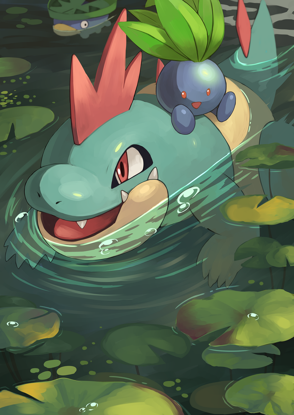 air_bubble bubble commentary_request croconaw highres lily_pad lotad no_humans oddish open_mouth outdoors pokemon pokemon_(creature) red_eyes riding riding_pokemon ripples sitting swimming tesshii_(riza4828) tongue water