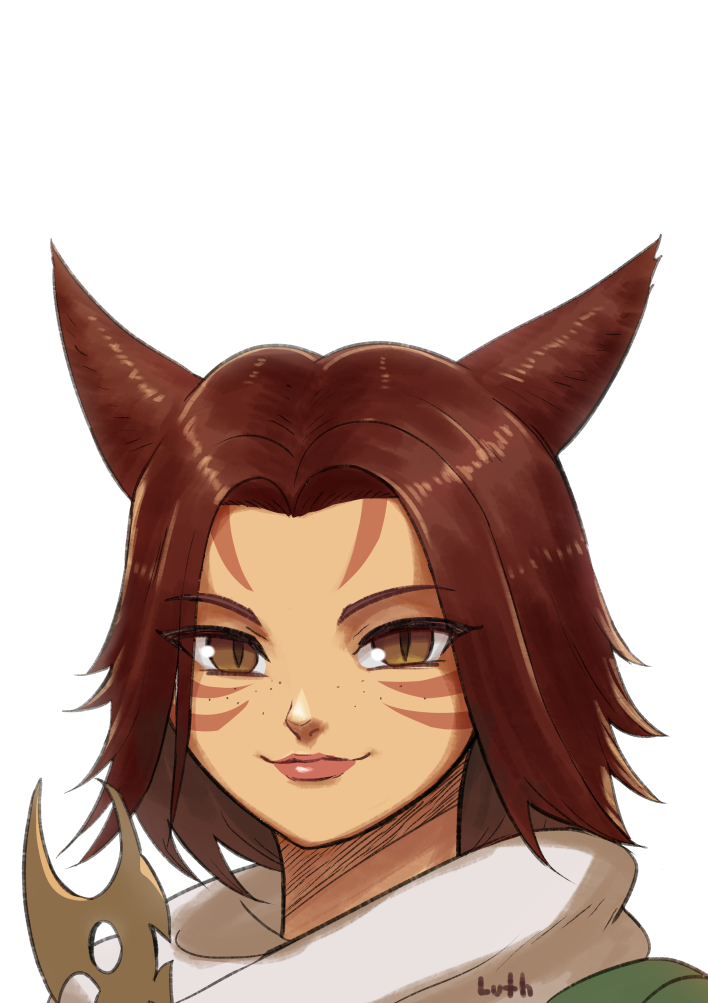 1girl animal_ears brown_eyes brown_hair cat_ears closed_mouth commentary commission facial_mark final_fantasy final_fantasy_xiv looking_at_viewer lutherniel medium_hair miqo'te portrait red_lips signature simple_background slit_pupils smile solo whisker_markings white_background
