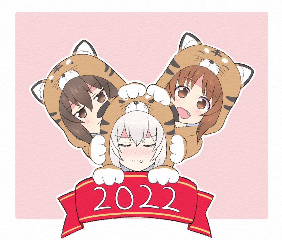 2022 3girls :d :| animal_costume animal_hood animal_print bangs blush border brown_eyes brown_hair chinese_zodiac closed_eyes closed_mouth commentary fang girls_und_panzer half-closed_eyes hands_on_another's_head hood hood_up iteza_(flapper_girl_25) itsumi_erika looking_at_viewer medium_hair multiple_girls new_year nishizumi_maho nishizumi_miho open_mouth outline pink_background short_hair siblings silver_hair sisters smile texture tiger_costume tiger_hood tiger_print white_border white_outline year_of_the_tiger