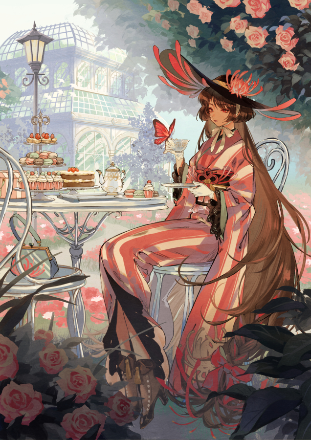 1girl bag black_headwear boots brown_footwear brown_hair bug bush butterfly cake chair character_request closed_mouth commentary_request cup cupcake day flower food gloves greenhouse handbag hat hat_flower high_heel_boots high_heels holding holding_plate japanese_clothes kimono lamppost leaf long_hair long_sleeves macaron obi onmyoji outdoors p-suke pink_butterfly pink_flower pink_kimono plate red_eyes sash sitting smile solo striped striped_kimono table teacup teapot tree very_long_hair white_gloves white_kimono