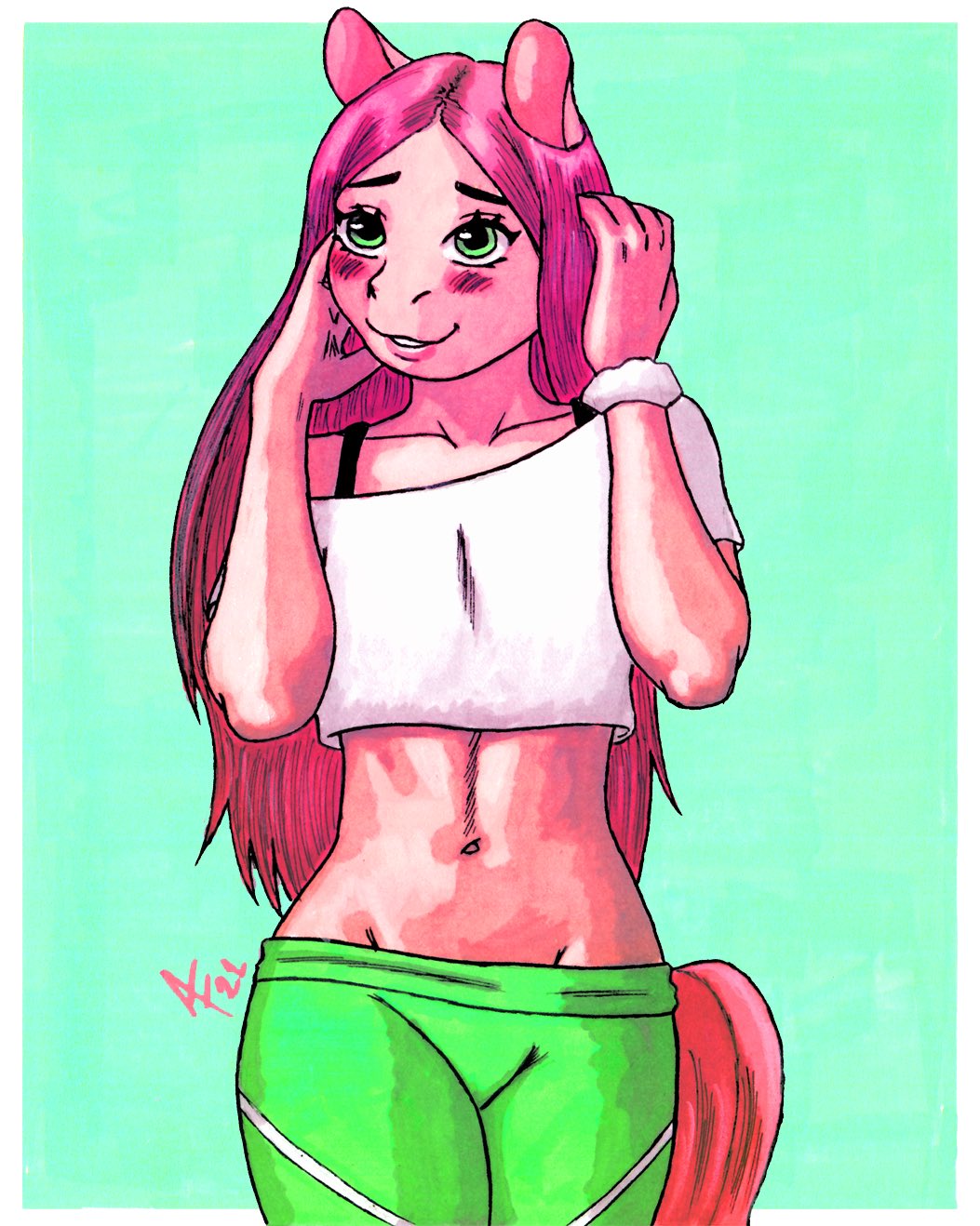 aaronhibiki anthro blush bottomwear bra clothed clothing crop_top crossdressing equid equine flat_chested girly gym_clothing hair hi_res horse intersex intersex/male long_hair male mammal midriff navel nila_(cyancapsule) pants pink_hair pink_tail shirt small_waist solo tight_clothing topwear underwear wide_hips yoga_pants