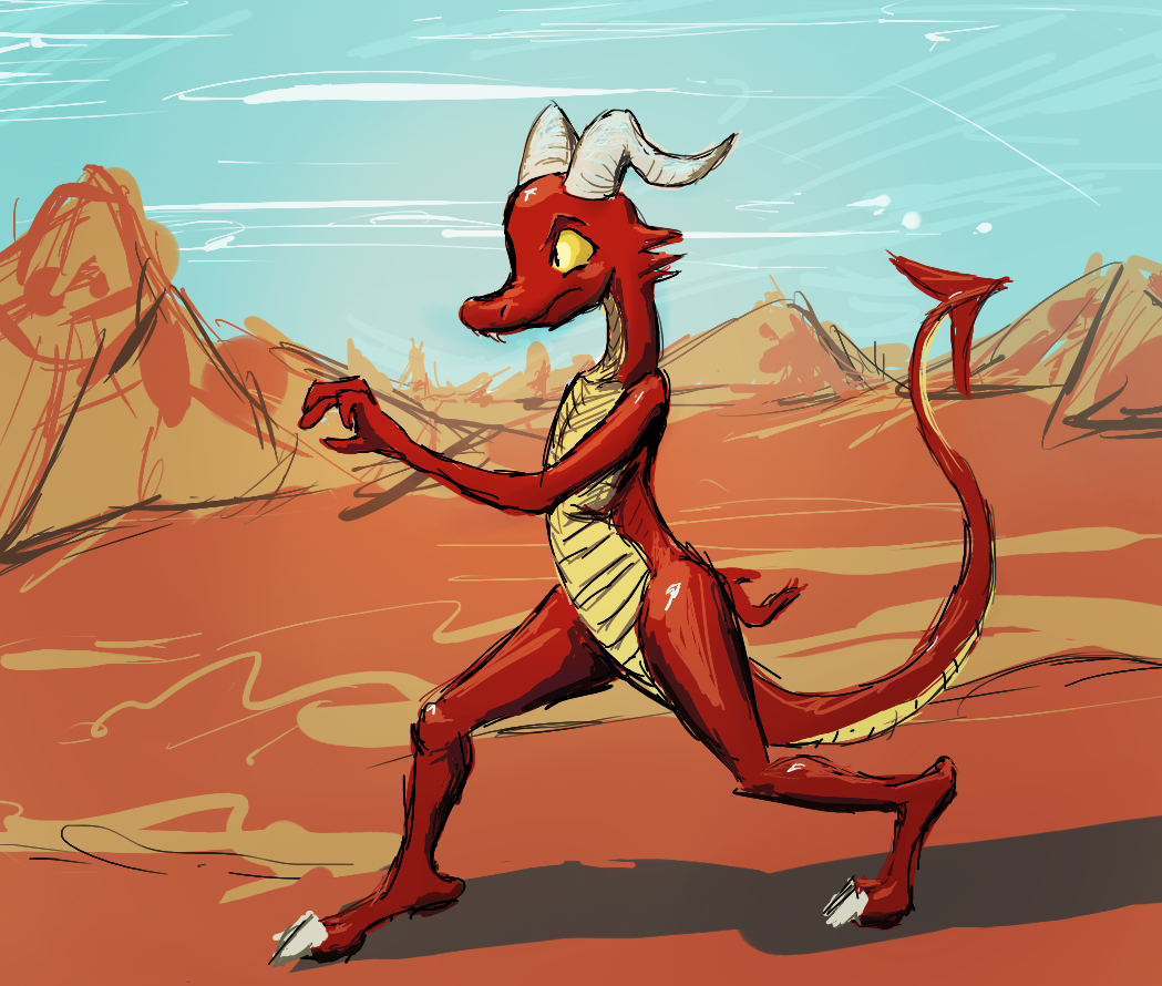2012 anthro bittertooth desert dragon horn kobold lizard male pointed_tail red_body red_scales reptile scales scalie sky solo standing yellow_body yellow_eyes yellow_scales