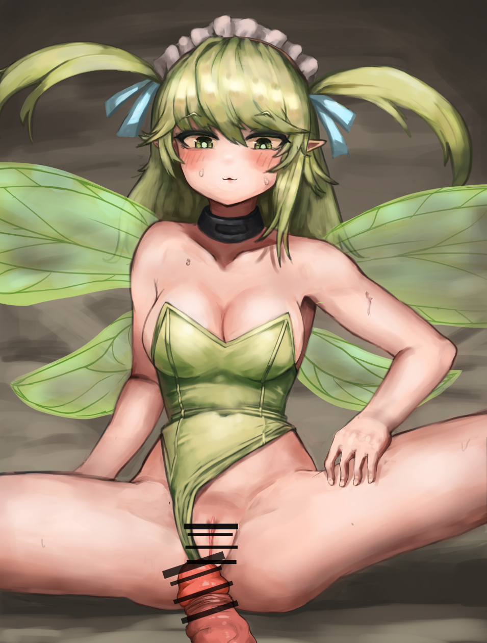 1girl :3 bangs bar_censor bare_arms bare_shoulders black_souls blue_ribbon blush breasts bright_pupils censored cleavage clothing_aside collar collarbone covered_navel eyebrows_visible_through_hair fairy fairy_wings green_eyes green_leotard green_pupils green_wings hair_between_eyes hair_ribbon highres imminent_penetration imminent_vaginal leaf_(black_souls) leotard leotard_aside light_green_hair long_hair maid_headdress medium_breasts open_mouth penis pointy_ears pussy ribbon ropeperson spread_legs strapless strapless_leotard thighs two_side_up wings