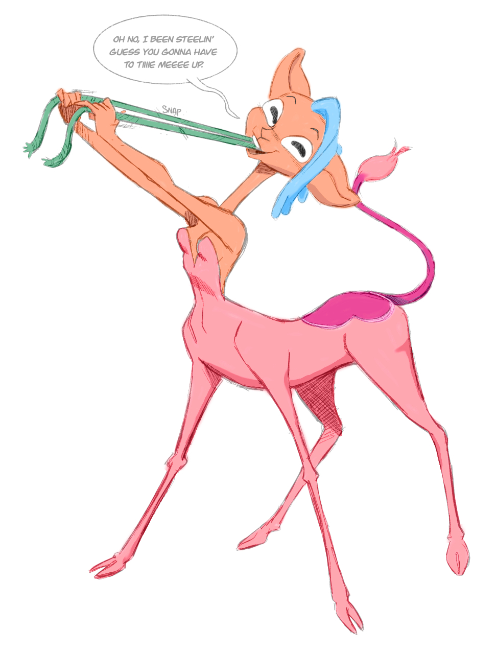 antelope bite blue_hair bovid bovid_taur centaur centaurworld cloven_hooves equid equid_taur female fur gerenuk gesture glendale_(centaurworld) hair hi_res hooves humanoid humanoid_taur mammal mammal_taur orange_body pink_body rope solo speech_bubble suggestive suggestive_dialogue suggestive_gesture taur text toonbutts true true_antelope