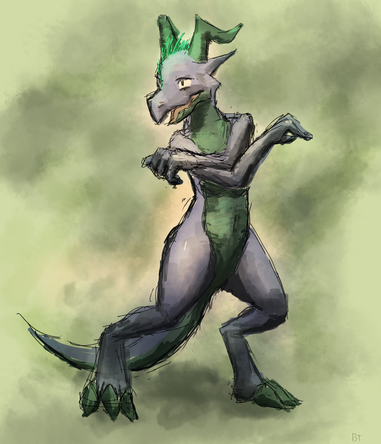 2012 3_toes ambiguous_gender anthro bittertooth dragon feet green_body green_hair green_scales grey_body grey_scales hair horn kobold lizard open_mouth reptile scales scalie simple_background solo standing toes