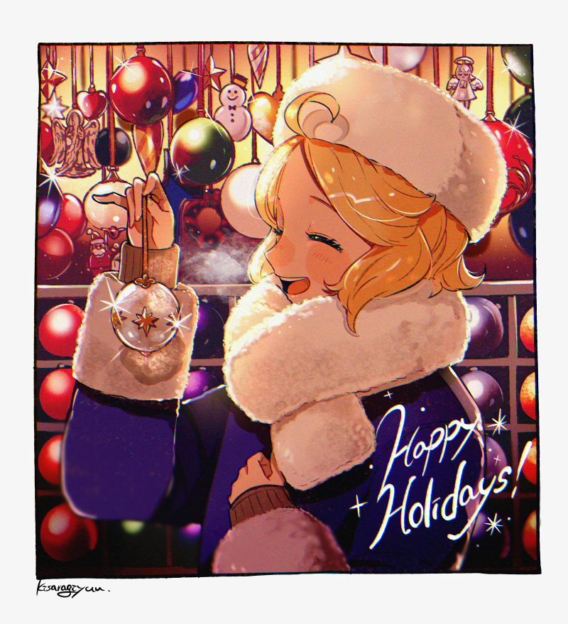 1girl ahoge angel artist_name bangs black_collar blonde_hair christmas christmas_ornaments closed_eyes coat collar commentary ellie_(kisaragi_yuu) english_text fur-trimmed_coat fur_hat fur_scarf fur_trim happy_holidays hat holding kisaragi_yuu_(fallen_sky) long_sleeves open_mouth original santa_claus scarf short_hair signature smile snowman solo sparkle ushanka white_headwear white_scarf winter_clothes