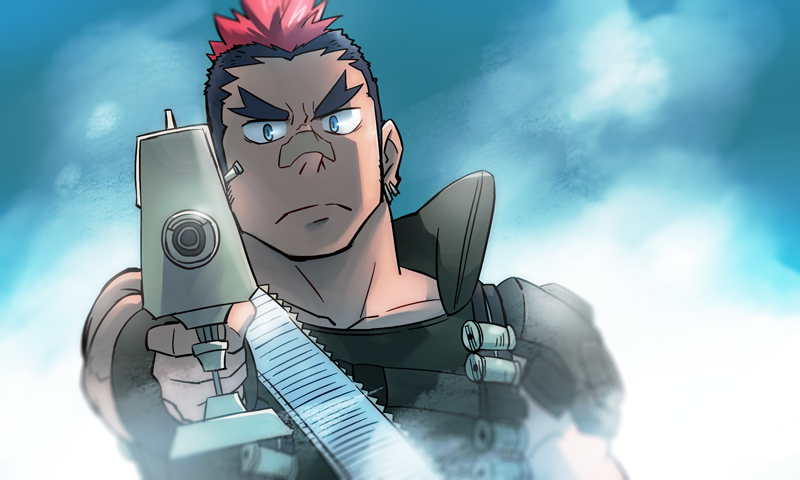 1boy bandaid bandaid_on_nose black_hair foreshortening forked_eyebrows frown gun holding holding_gun holding_weapon kill_la_kill kinagase_tsumugu male_focus mohawk multicolored_hair pointing pointing_at_viewer pointing_weapon red_hair short_hair sideburns solo suv thick_eyebrows two-tone_hair upper_body weapon