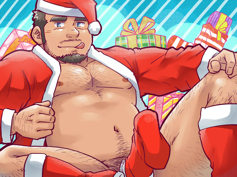 1boy :q anus bara bare_pectorals beard belly box bulge chest_hair christmas come_hither dark-skinned_male dark_skin erection erection_under_clothes facial_hair feet_out_of_frame gift gift_box goatee hat hat_on_penis kneehighs large_pectorals leg_hair long_sideburns looking_at_viewer male_focus male_pubic_hair mature_male muscular muscular_male navel navel_hair nipples no_male_underwear original pectorals plump pubic_hair santa_costume santa_hat seductive_smile short_hair sideburns smile solo spread_anus stomach suv thick_thighs thighs tongue tongue_out undressing