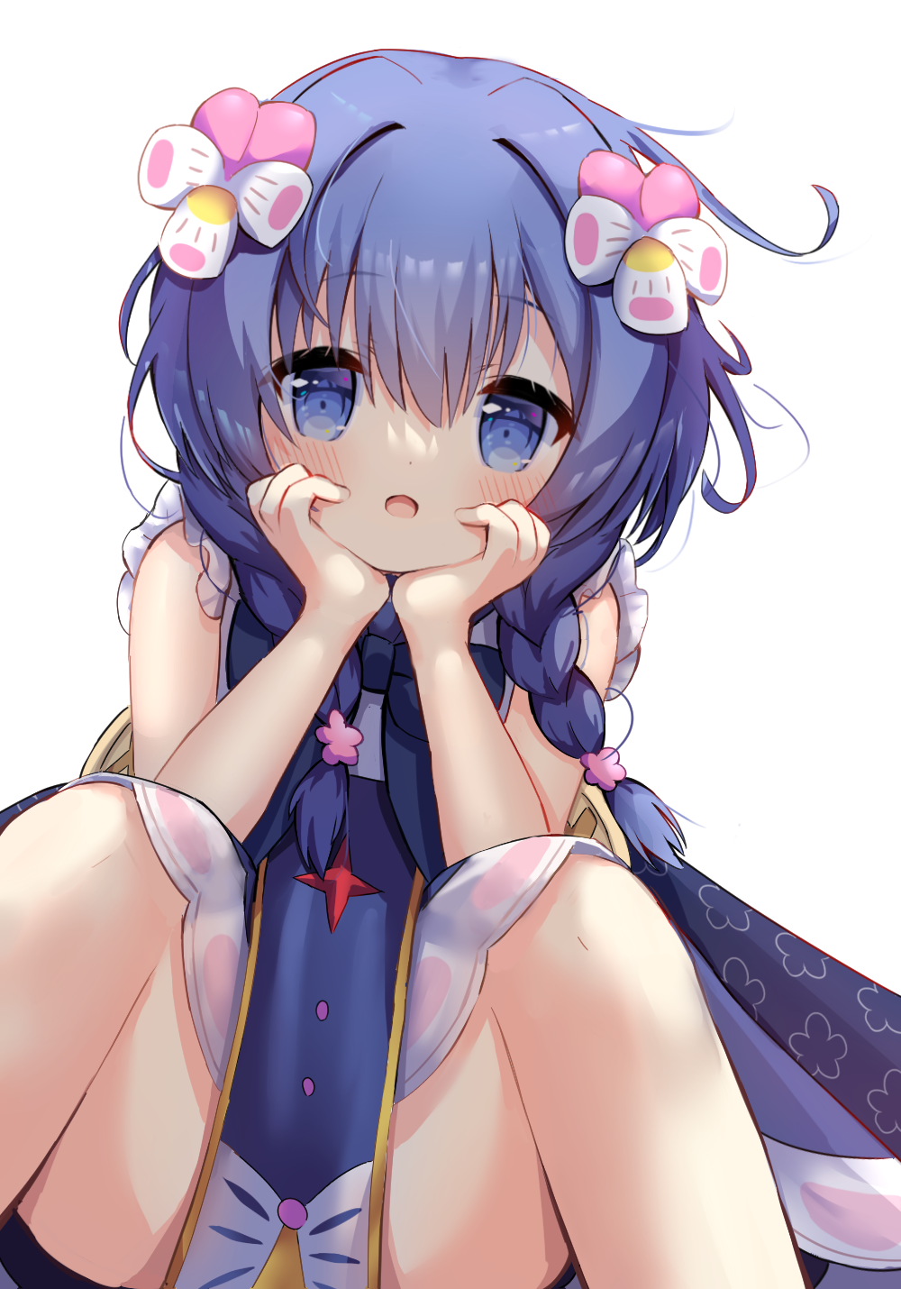 1girl :d blue_dress blue_eyes blue_hair blush braid dress feet_out_of_frame flower flower_knight_girl hair_flower hair_ornament hair_over_shoulder hands_up highres knees_up long_hair looking_at_viewer low_twintails siera_(sieracitrus) simple_background sitting sleeveless sleeveless_dress smile solo spread_legs twin_braids twintails viola_(flower_knight_girl) white_background white_flower