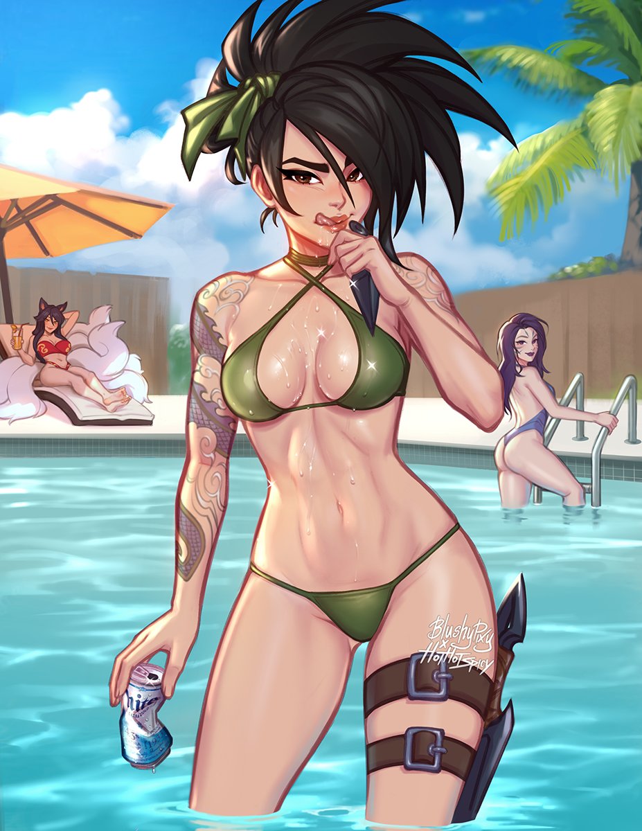 3girls ahri_(league_of_legends) akali animal_ears arm_tattoo artist_name ass bangs bikini blue_swimsuit blushy-pixy breasts can closed_mouth collarbone contrapposto criss-cross_halter english_commentary facial_mark fox_ears fox_tail green_bikini green_eyes green_hairband hairband halterneck highres holding holding_can kai'sa knife kumiho ladder large_breasts league_of_legends long_hair multiple_girls multiple_tails navel palm_tree shiny shiny_skin stomach swimsuit tail tattoo thigh_strap tongue tongue_out tree vastaya wading water