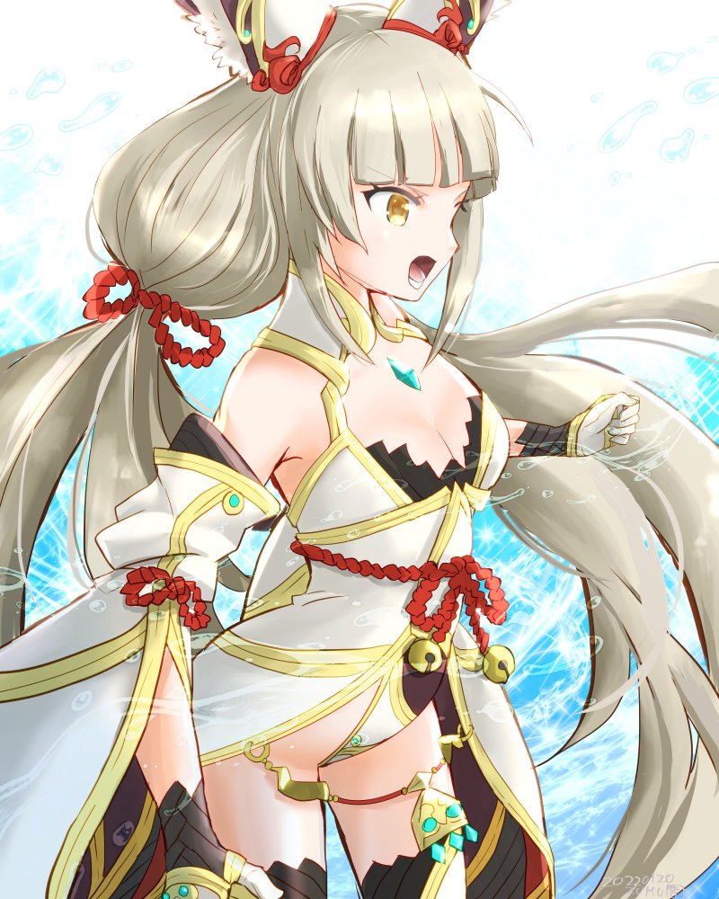 1girl animal_ears bangs blunt_bangs breasts chest_jewel cleavage detached_sleeves facial_mark highleg highleg_leotard leotard long_hair low_twintails mizss nia_(blade)_(xenoblade) nia_(xenoblade) silver_hair small_breasts solo thighhighs twintails very_long_hair yellow_eyes