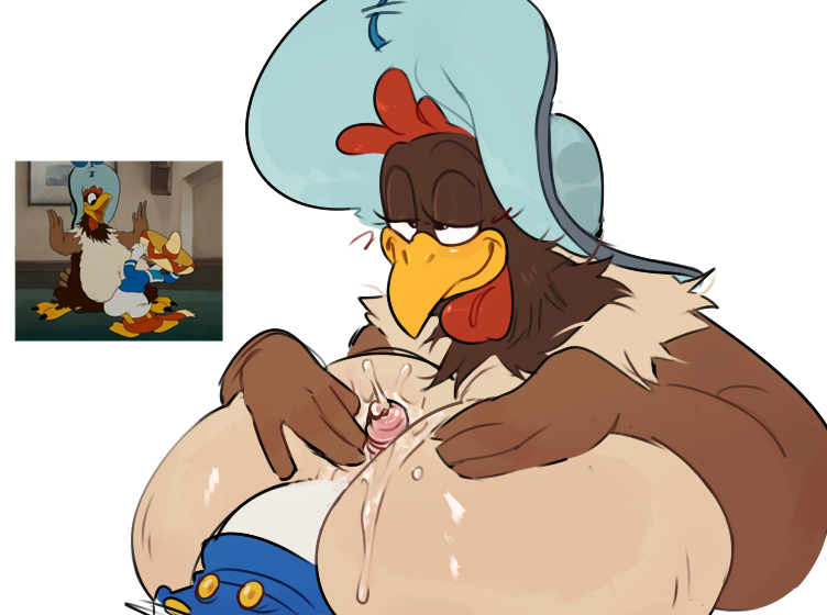 anatid anseriform anthro avian big_breasts bird bodily_fluids breast_play breasts chicken clara_cluck clothing cum cum_on_breasts disney donald_duck duck duo female galliform gallus_(genus) genital_fluids genitals half-closed_eyes hat headgear headwear larger_female male male/female narrowed_eyes penis phasianid screencap sex size_difference smaller_male titfuck vilya