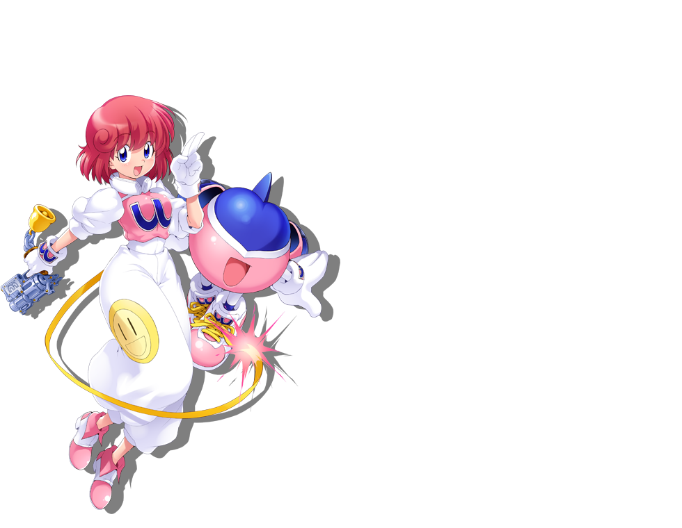 1girl blue_eyes blush bombergirl breasts curly_hair eyebrows_visible_through_hair full_body gloves gun holding holding_gun holding_weapon index_finger_raised large_breasts looking_at_viewer official_art open_mouth pastel_(twinbee) pink_hair short_hair smile solo transparent_background twinbee weapon white_gloves