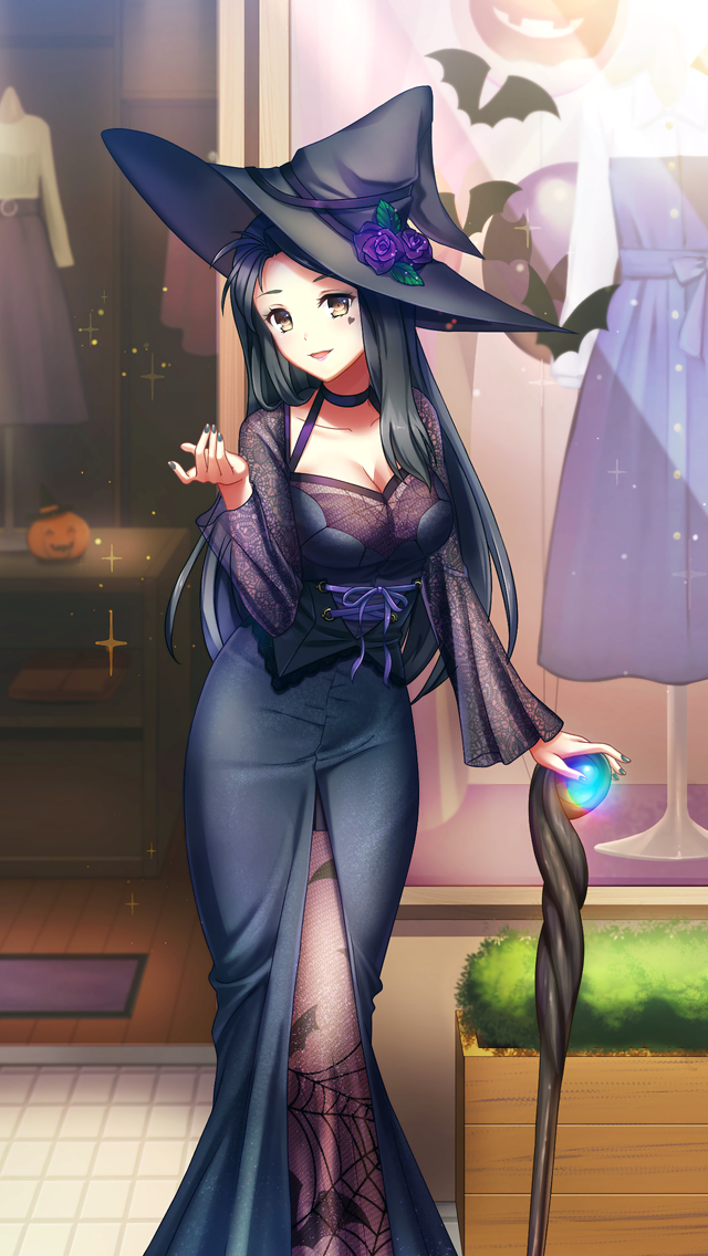 1girl :d black_choker black_dress black_hair black_headwear black_nails black_ribbon breasts brown_eyes choker cleavage collarbone day doukyuusei doukyuusei_another_world dress facial_mark flower game_cg hat hat_flower hat_ribbon large_breasts long_dress long_hair long_sleeves looking_at_viewer masaki_natsuko nail_polish outdoors purple_flower purple_ribbon ribbon rose see-through_sleeves smile solo staff straight_hair underbust very_long_hair witch witch_hat