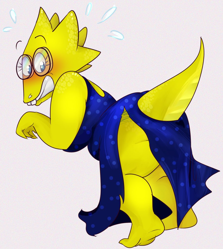 alphys anthro barefoot belly big_breasts big_butt blue_eyes blush bodily_fluids breasts buckteeth butt chubby_anthro chubby_female claws clenched_teeth clothed clothing dress embarrassed eyewear feet female flustered flying_sweatdrops glasses leaning leaning_forward lizard looking_at_self looking_back looking_back_at_self non-mammal_breasts partially_clothed reptile scales scalie side_view simple_background slightly_chubby solo standing susiebeeca sweat sweatdrop teeth thick_tail thick_thighs torn_clothing torn_dress undertale_(series) wardrobe_malfunction yellow_body yellow_scales