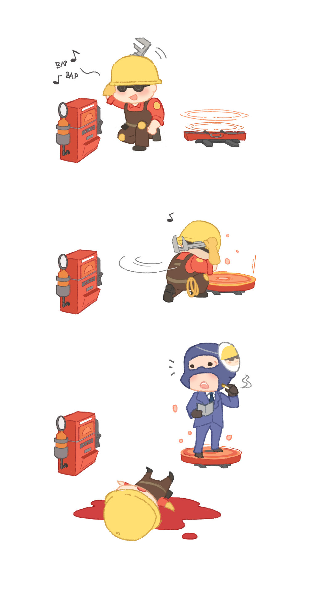 2boys balaclava blood chibi cigarette dispenser_(team_fortress) formal gameplay_mechanics hardhat helmet highres knee_pads mask mask_on_head multiple_boys necktie norue overalls pool_of_blood suit surprised team_fortress_2 teleporter the_engineer the_spy wrench