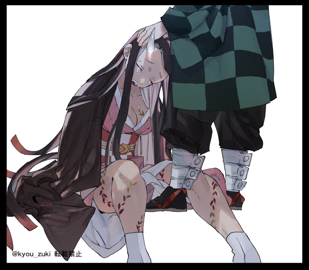 1boy 1girl black_border black_hair body_markings border breasts checkered checkered_clothes cleavage closed_eyes collarbone crying eyelashes fangs fingernails glowing glowing_horns grey_horns hand_on_another's_head horns kamado_nezuko kamado_tanjirou kimetsu_no_yaiba kyou_zuki long_eyelashes long_hair multicolored_hair open_mouth red_hair simple_background single_horn sitting standing teeth twitter_username upper_teeth very_long_hair white_background