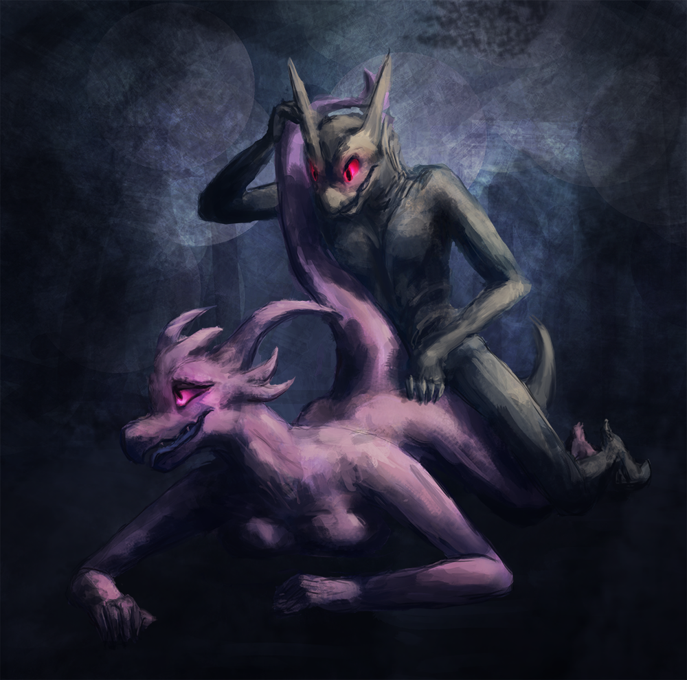 2013 all_fours anthro bittertooth black_body black_scales doggystyle dragon duo female from_behind_position glowing glowing_eyes holding_tail horn kobold looking_pleasured male male/female penetration pink_eyes purple_body purple_scales scales scalie sex simple_background vaginal vaginal_penetration