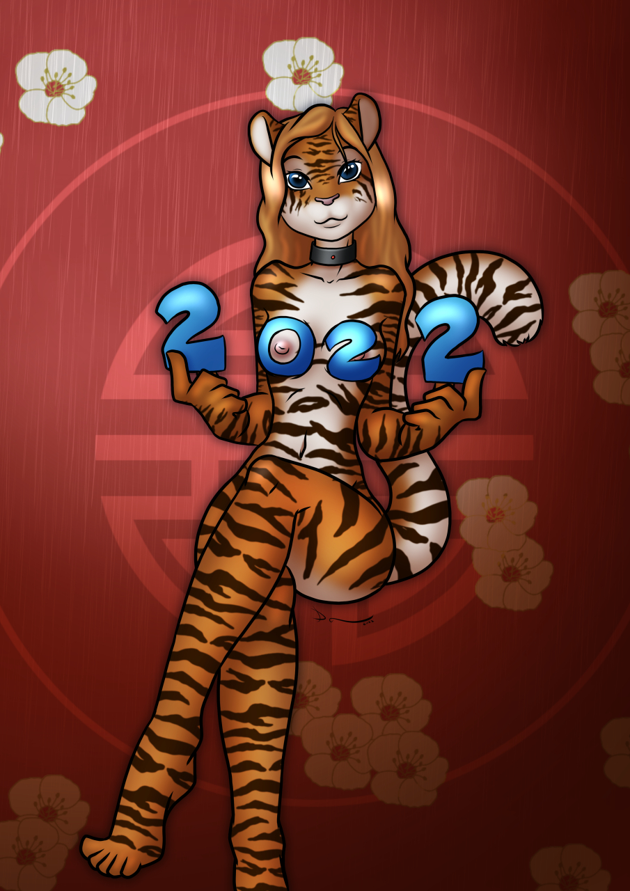2022 anthro black_stripes breasts brown_hair chinese_zodiac collar collar_only crossed_legs danaume detailed_background eyebrows felid female fluffy fluffy_tail hair hi_res holding_object looking_at_viewer mammal multicolored_body navel nipples nude orange_body pantherine plantigrade sitting smile solo striped_body stripes tiger two_tone_body white_body year_of_the_tiger