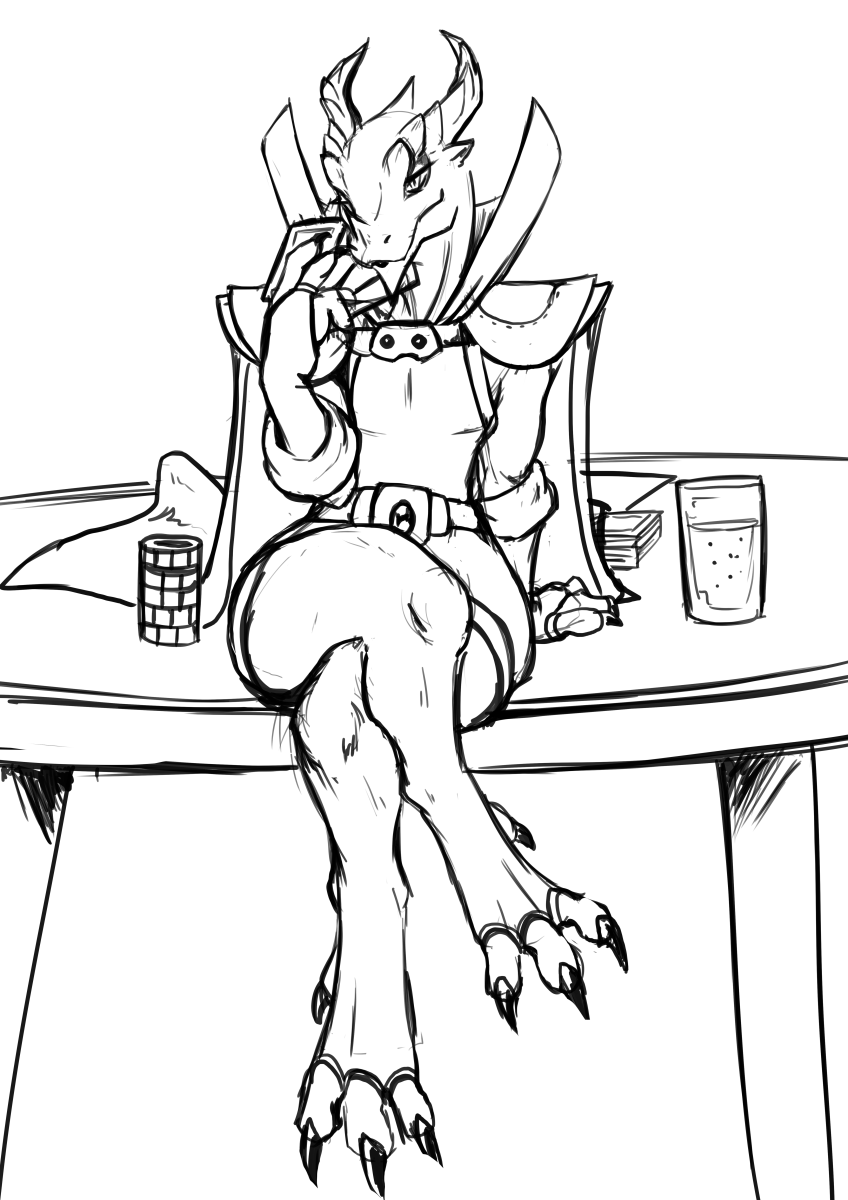2022 2_horns 4_toes anthro belt biped black_and_white cape claws clothed clothing dewclaw digital_drawing_(artwork) digital_media_(artwork) digitigrade dragon dress feet female flat_chested front_view fully_clothed furniture hi_res horn line_art monochrome on_table queblock scalie sitting sketch snout solo table thick_thighs toe_claws toes western_dragon wingless_dragon