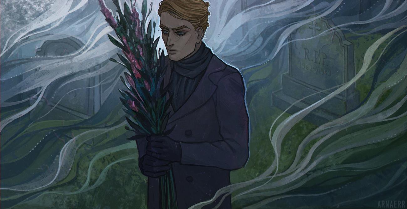 1boy arnaerr black_gloves blonde_hair bouquet closed_mouth coat gloves graveyard green_scarf holding holding_bouquet jojo_no_kimyou_na_bouken lips long_sleeves outdoors prosciutto purple_coat scarf short_hair smoke solo vento_aureo winter_clothes