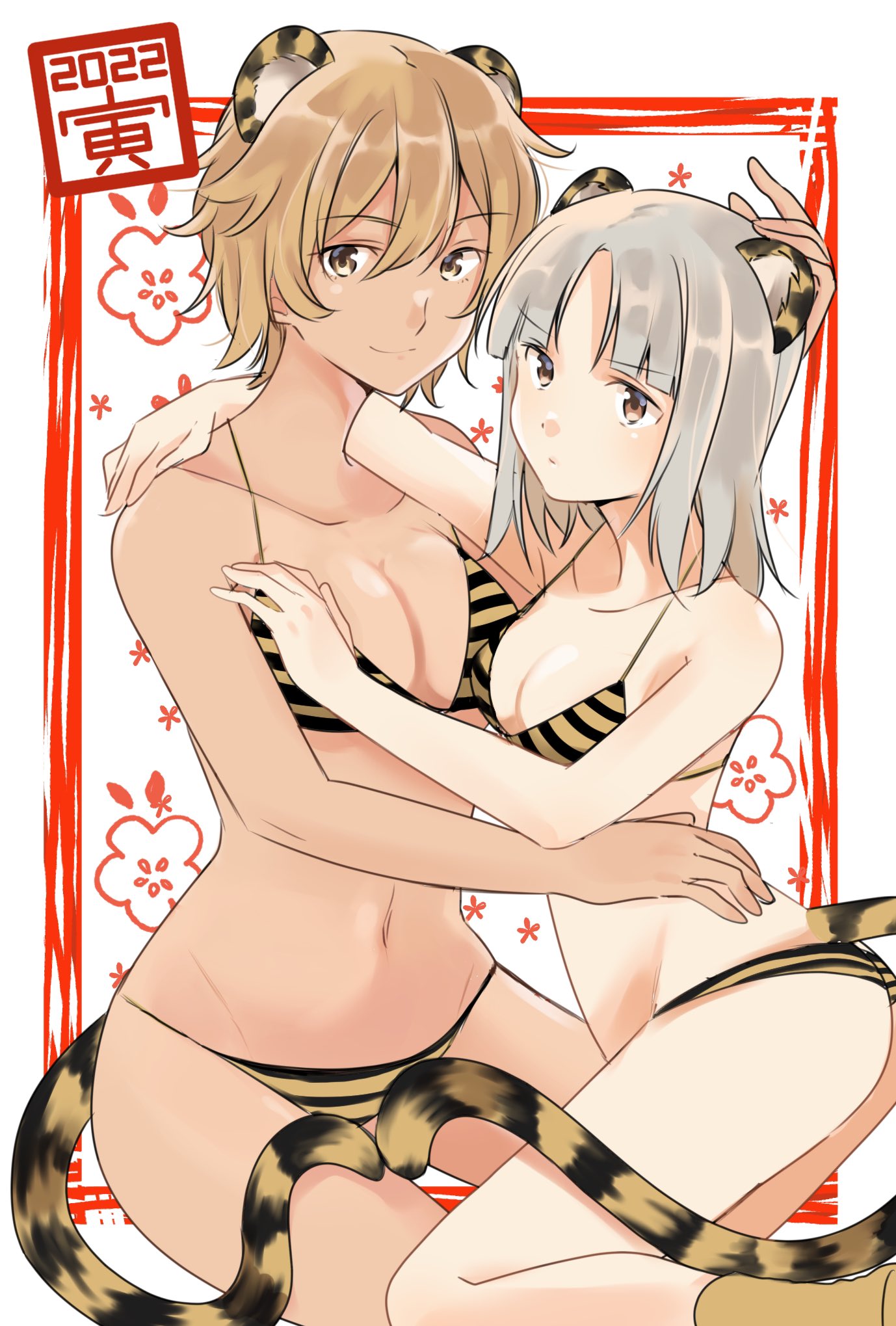 2022 2girls animal_ears bangs bikini boots border brave_witches breasts brown_eyes brown_hair chinese_zodiac cleavage closed_mouth commentary edytha_rossmann eyebrows_visible_through_hair grey_hair groin halterneck highres hug kemono_friends kneeling light_frown looking_at_viewer medium_breasts medium_hair multiple_girls navel new_year okeke_power_nishiko outside_border red_border short_hair sitting small_breasts smile striped striped_bikini swimsuit tail tiger_ears tiger_tail waltrud_krupinski world_witches_series year_of_the_tiger yellow_bikini yellow_footwear yuri
