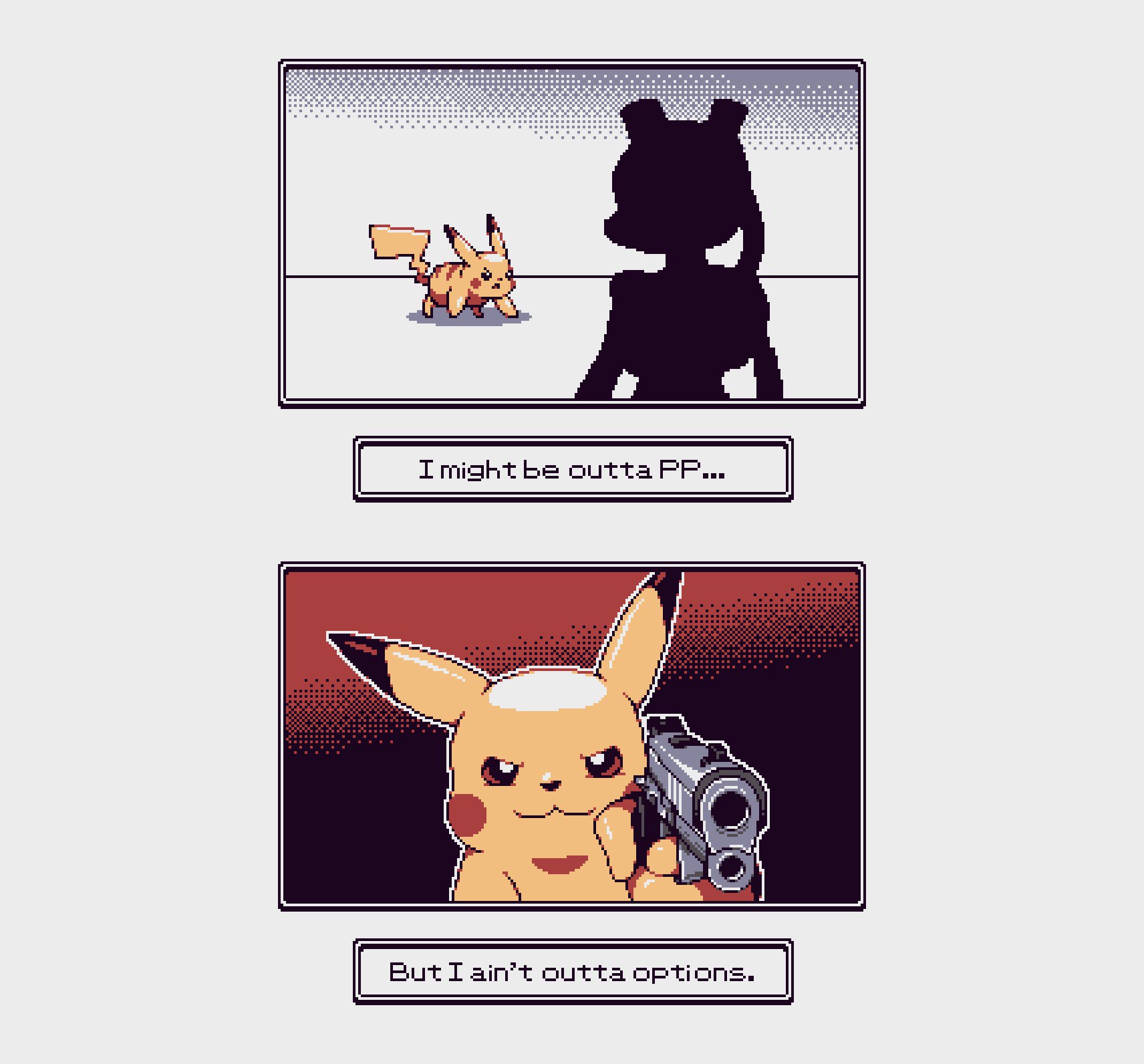 english_text from_behind gun highres kam2d looking_at_viewer mewtwo no_humans pikachu pixel_art pokemon pokemon_(creature) simple_background weapon