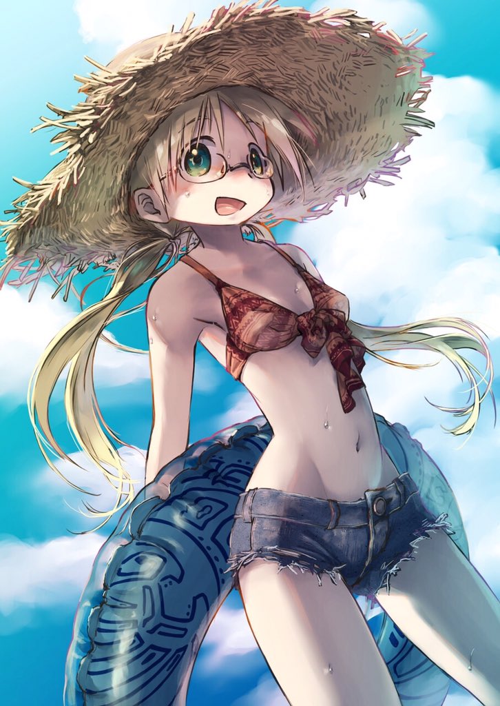 1girl bangs bikini blonde_hair blue_innertube blue_shorts blush breasts cloud cloudy_sky collarbone denim denim_shorts eyebrows_visible_through_hair floating_hair glasses green_eyes groin hair_between_eyes hat holding holding_innertube innertube long_hair low_twintails made_in_abyss midriff navel open_mouth outdoors red_bikini riko_(made_in_abyss) short_shorts shorts sky small_breasts solo standing straw_hat sweat swimsuit taira_(zattairattt) twintails very_long_hair