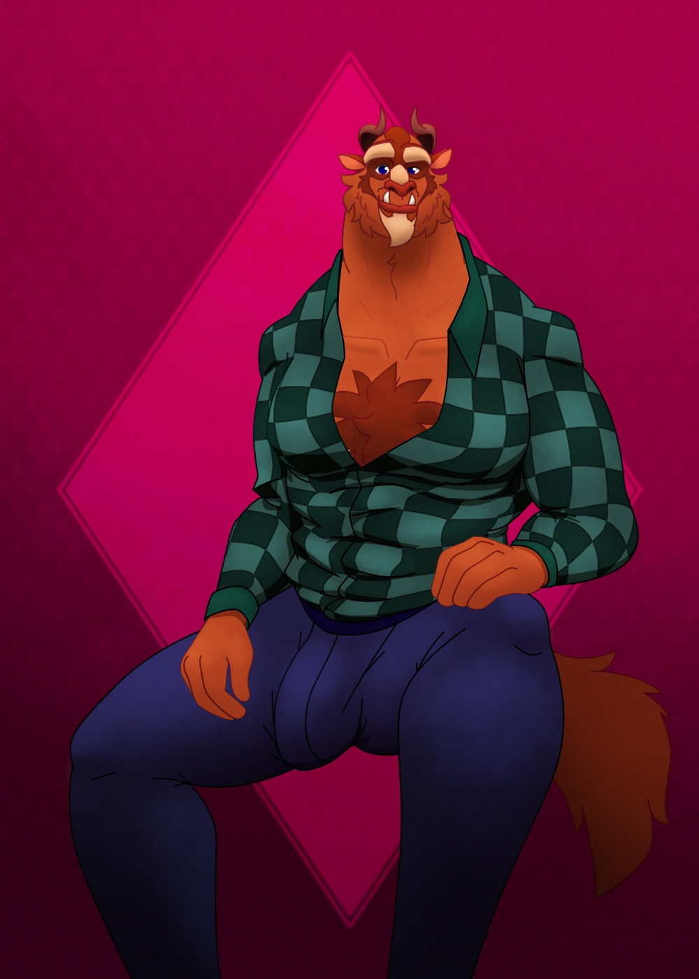 anthro barazoku beast_(disambiguation) beast_(disney) body_hair bulge checkered_clothing checkered_shirt checkered_topwear chest_hair clothed clothing facial_hair hi_res looking_at_viewer male muscular muscular_male olivepup_00 open_clothing open_shirt open_topwear pattern_clothing pattern_shirt pattern_topwear pinup pose shirt solo topwear