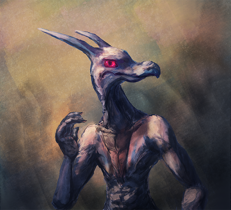 2013 anthro bittertooth dragon horn kobold looking_at_viewer male monster muscular portrait purple_body purple_scales red_eyes scales simple_background solo