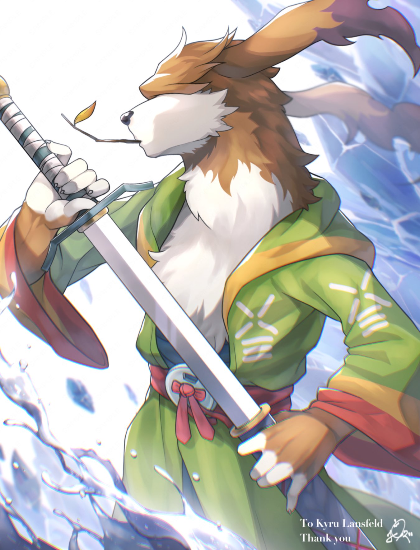 anthro biped blinding_bangs breath_of_fire canid canine capcom clothing grassrunner hair hair_over_eyes hi_res long_sleeves male mammal melee_weapon ponzu_tas scias solo speech_bubble standing sword video_games weapon