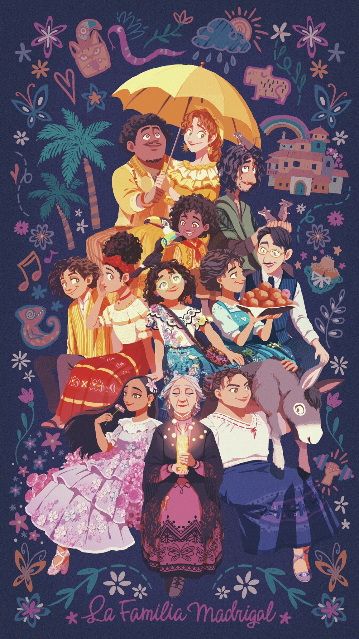 5boys 6+girls agustin_madrigal alma_madrigal animal_on_head antonio_madrigal arepa bird black_hair brother_and_sister bruno_madrigal camilo_madrigal candle carrying cousins curly_hair dark-skinned_female dark-skinned_male dark_skin disney dolores_madrigal donkey dress earrings encanto family felix_madrigal flower food glasses grandmother_and_granddaughter grandmother_and_grandson grey_hair hair_flower hair_ornament hairband highres husband_and_wife isabela_madrigal jewelry julieta_madrigal long_hair luisa_madrigal mirabel_madrigal multiple_boys multiple_girls necktie on_head pepa_madrigal poncho ponytail rat red_hair second-party_source short_hair siblings sisters toucan umbrella