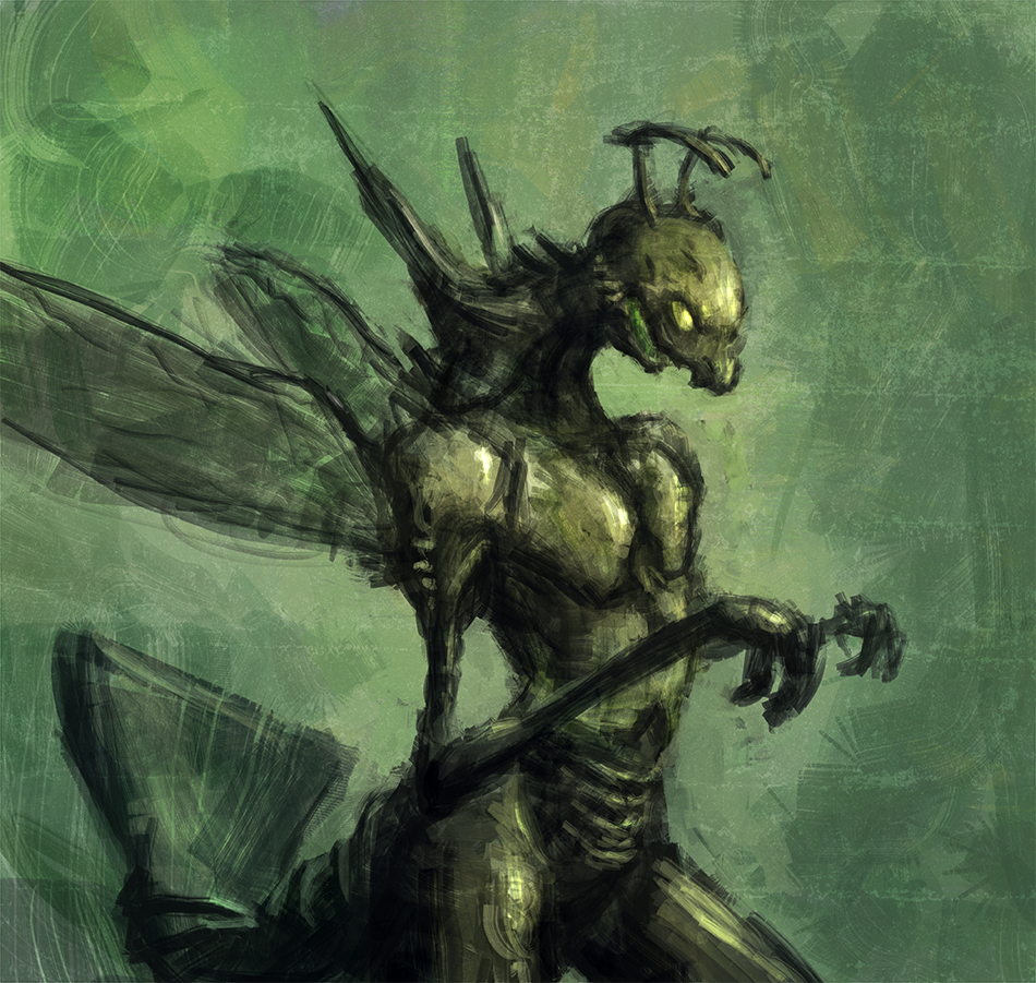 2013 ambiguous_gender antennae_(anatomy) anthro arthropod bittertooth dipteran dragonfly green_body green_eyes green_scales insect mantis monster scales simple_background solo translucent translucent_wings wings