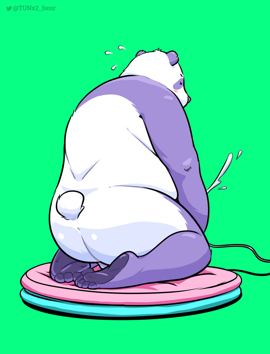 2022 anthro backsack balls black_nose blush bodily_fluids butt cum ejaculation eyes_closed genital_fluids genitals giant_panda green_background hi_res kemono male mammal overweight overweight_male purple_body simple_background sitting solo tunx2 ursid white_body