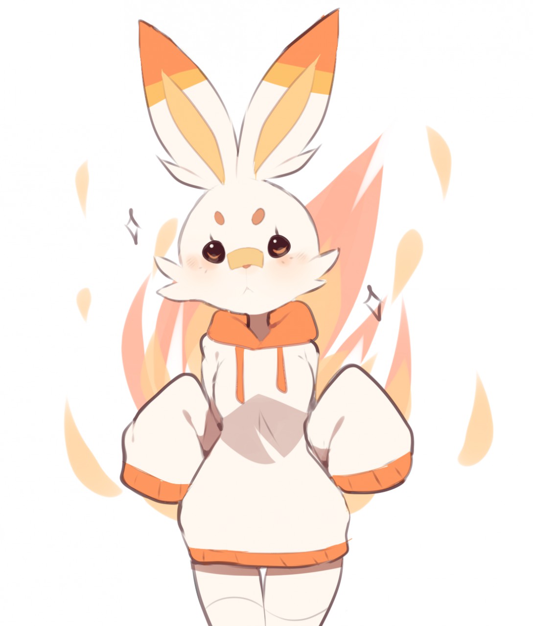 2019 anthro clothing dipstick_ears female fredek666 hi_res hoodie multicolored_ears nintendo orange_clothing pok&eacute;mon pok&eacute;mon_(species) scorbunny solo solo_focus tagme thigh_gap topwear video_games white_clothing white_hoodie white_topwear wide_hips young