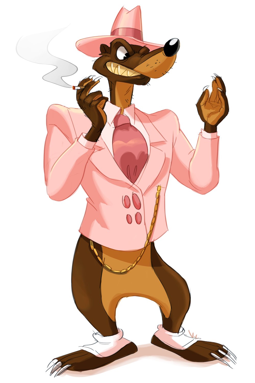 2016 anthro bottomless brown_body brown_fur cigarette claws clothed clothing disney featureless_crotch fur hat headgear headwear hi_res least_weasel male mammal mustela mustelid musteline necktie plantigrade polartoons sharp_teeth simple_background smarty_weasel solo suit teeth thebluebear27 toon_patrol true_musteline white_background who_framed_roger_rabbit zoot_suit