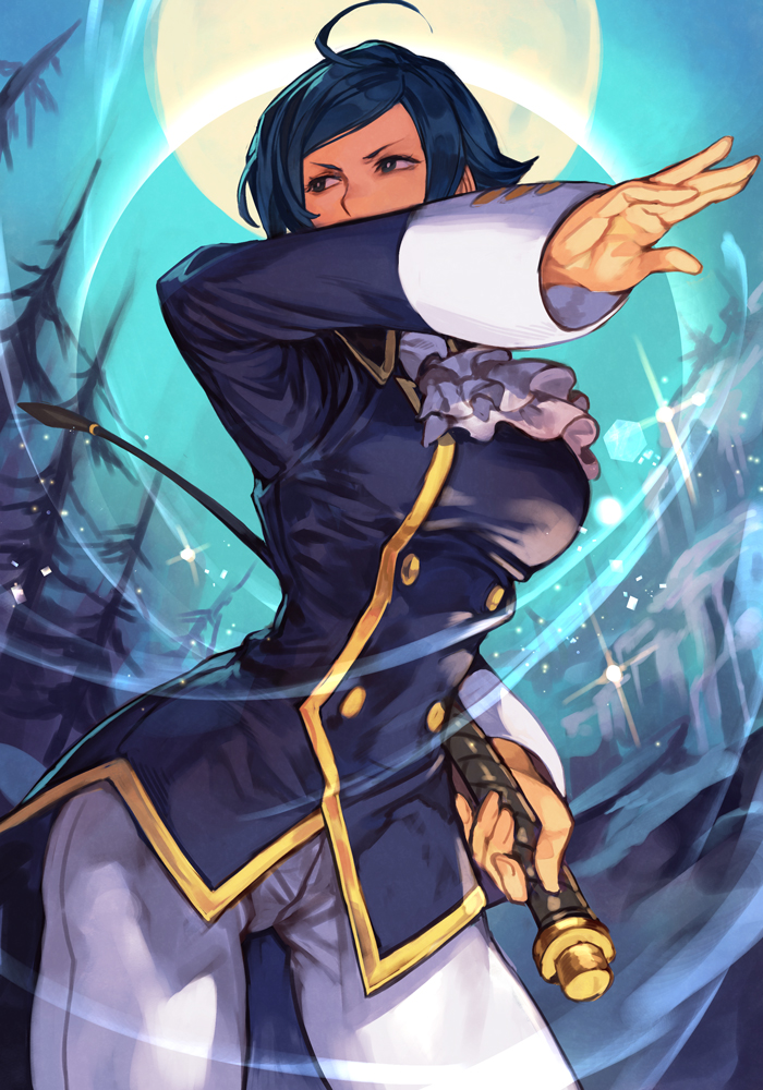 1girl ahoge ascot blue_coat blue_eyes blue_hair breasts buttons coat covered_mouth elisabeth_blanctorche full_moon hand_up holding holding_weapon hungry_clicker long_sleeves looking_to_the_side moon night night_sky outdoors pants short_hair sky solo standing the_king_of_fighters the_king_of_fighters_xiii tree weapon white_ascot white_pants