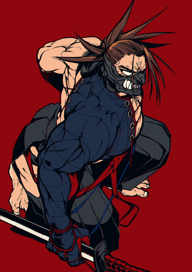 1boy angry bangs bara bare_pectorals bare_shoulders biceps brown_hair covered_mouth fate/grand_order fate_(series) feet hair_over_one_eye hip_vent igote japanese_clothes large_pectorals male_focus mask men_cho muscular muscular_male one_knee pectorals red_sash sash solo spiked_hair stomach sword tanaka_shinbei_(fate) weapon