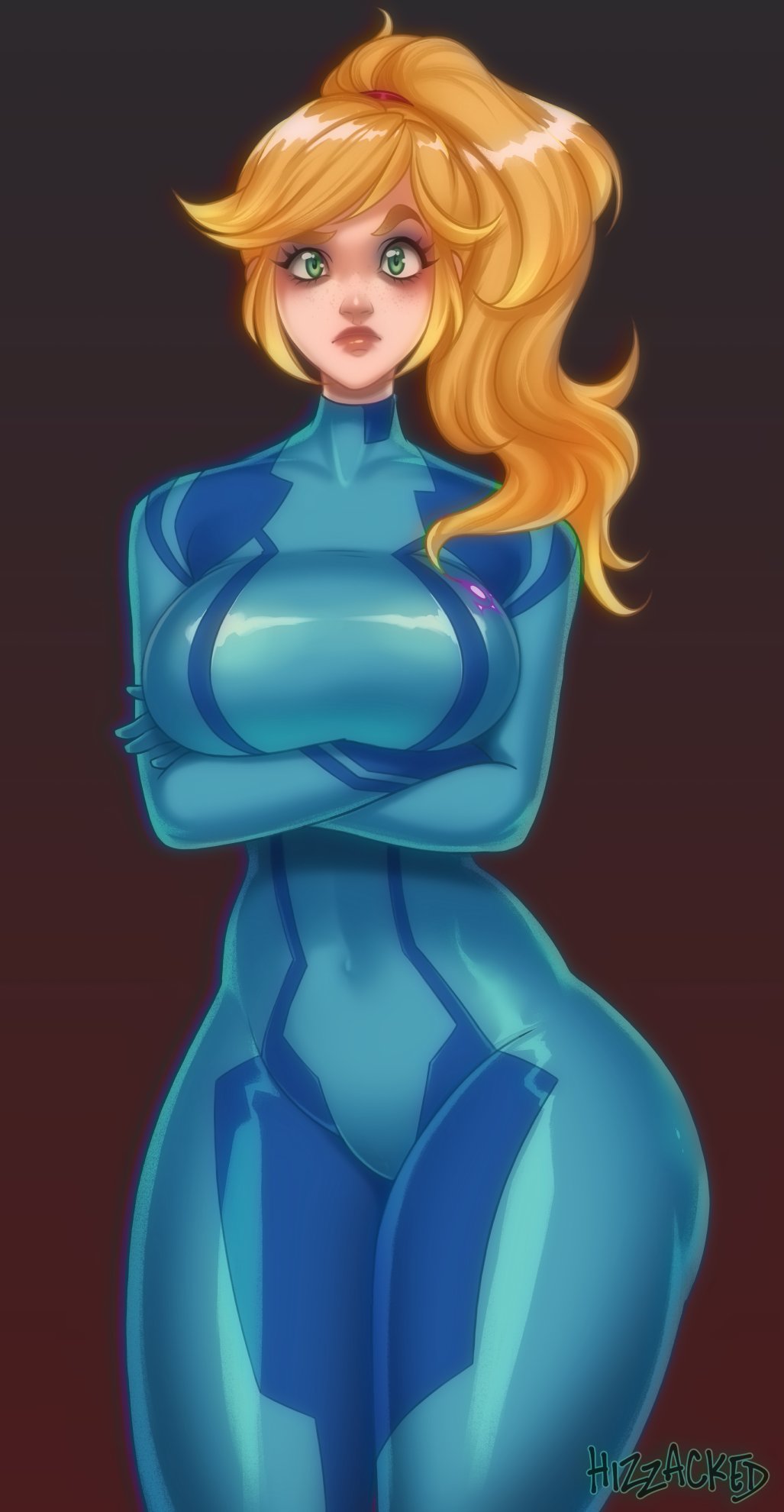 1girl arms_under_breasts blonde_hair blue_bodysuit bodysuit breasts covered_navel cowboy_shot eyeshadow freckles gradient gradient_background green_eyes highres hizzacked large_breasts long_hair looking_at_viewer makeup metroid ponytail samus_aran solo thick_thighs thighs zero_suit