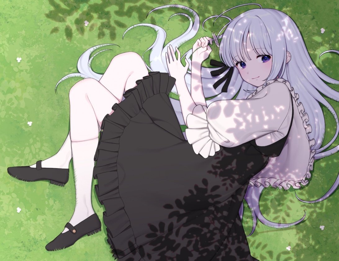 1girl bangs closed_mouth curled_up dress eyebrows_visible_through_hair fetal_position flower frilled_dress frills from_above full_body grass hair_ribbon holding holding_flower long_hair looking_at_viewer lying mary_janes mono_(mono_zzz) on_side original puffy_short_sleeves puffy_sleeves purple_eyes ribbon shoes short_sleeves silver_hair socks solo