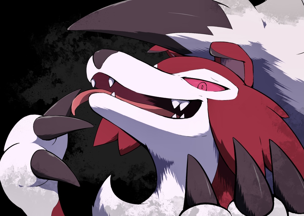 black_background claws colored_sclera commentary_request kemonobito looking_down lycanroc lycanroc_(midnight) open_mouth pink_eyes pink_pupils pink_sclera pokemon pokemon_(creature) sharp_teeth solo teeth tongue upper_body white_fur