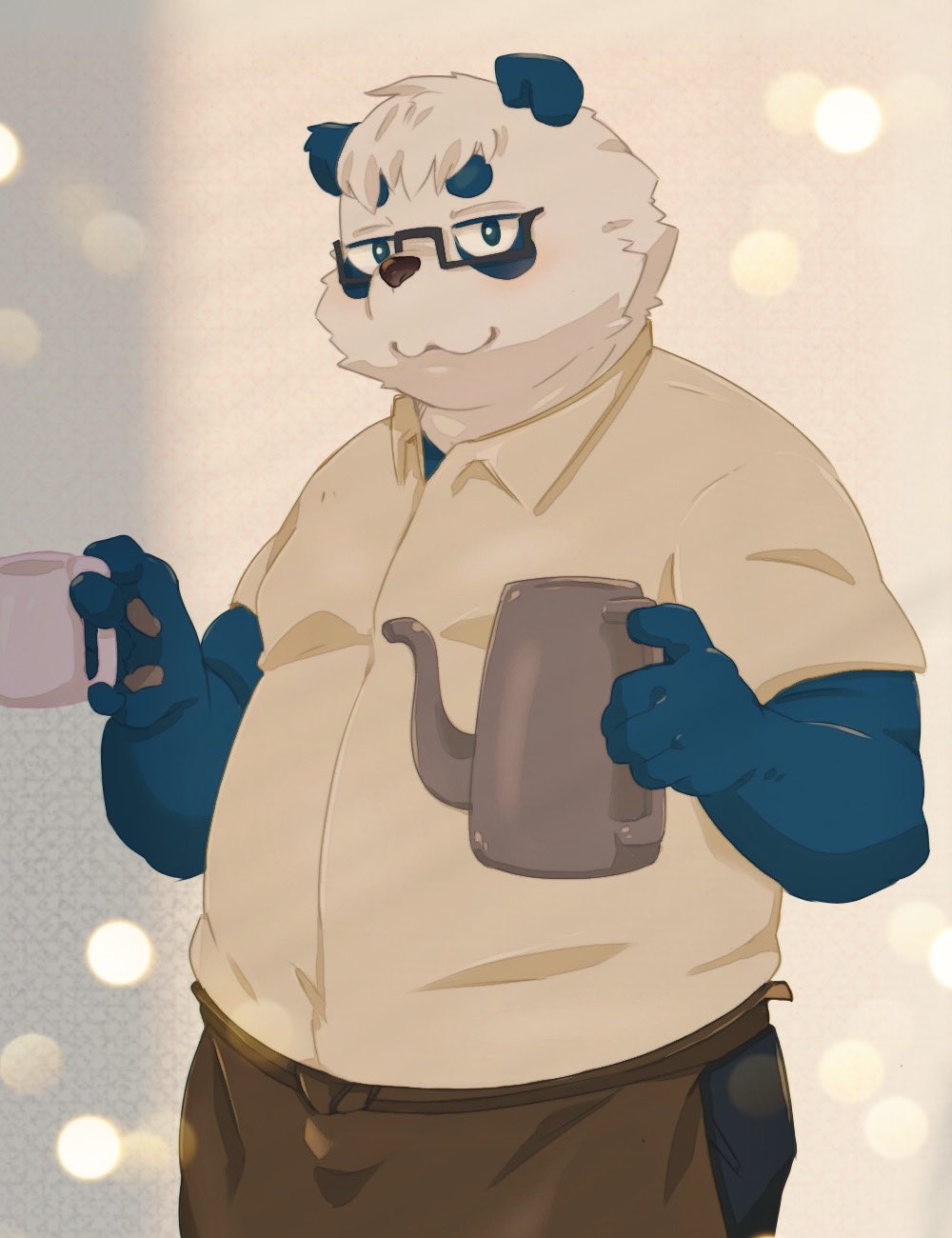 2022 anthro beverage black_nose blue_body bottomwear clothing coffee eyewear giant_panda glasses hi_res humanoid_hands kemono male mammal mug overweight overweight_male pants sasayama_akira shirt solo tasty_cheeeeese topwear ursid virtual_youtuber white_body