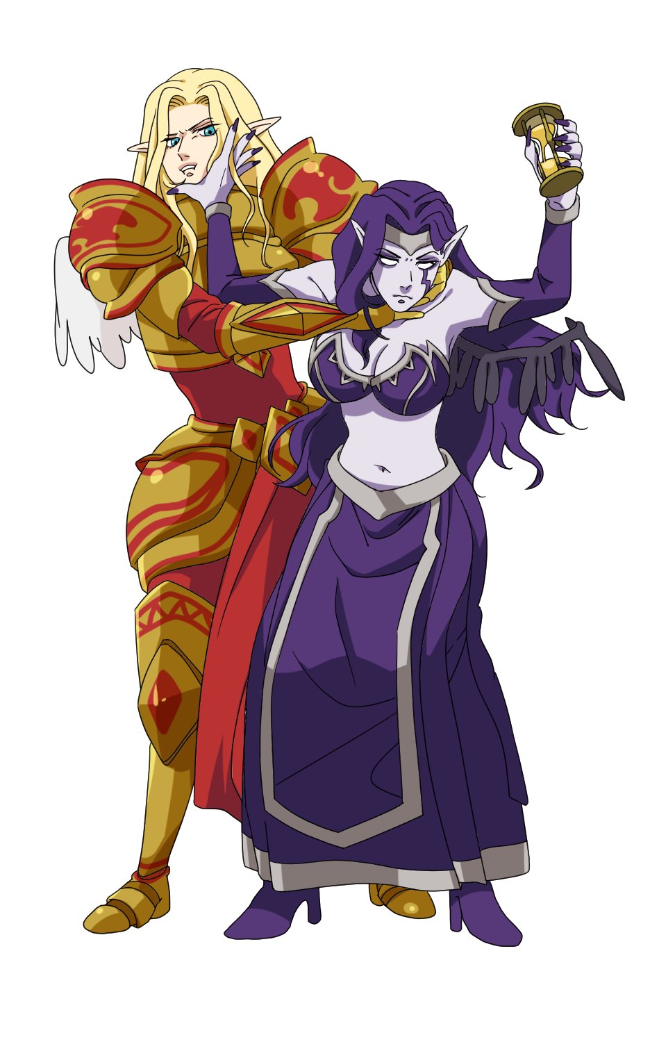 armor armored_boots bangs bare_shoulders boots breasts cleavage collarbone colored_skin detached_sleeves full_armor full_body gauntlets gold_armor high_heels highres hiyari_(hiyarilol) holding hourglass kayle_(league_of_legends) large_breasts league_of_legends long_hair morgana_(league_of_legends) navel no_headwear no_helmet parted_bangs pointy_ears purple_hair purple_nails purple_skin purple_skirt shoulder_armor skirt standing stomach wings