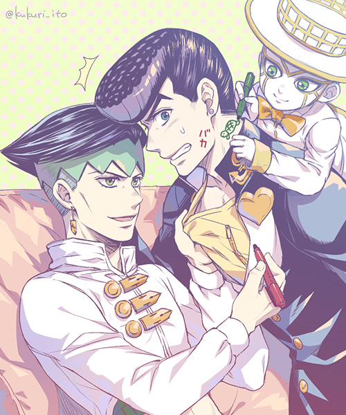 3boys black_hair diamond_wa_kudakenai drawing_on_another's_face dyresbroom earrings gakuran green_eyes hat headband heaven's_door higashikata_josuke jewelry jojo_no_kimyou_na_bouken kishibe_rohan male_focus marker multiple_boys pompadour school_uniform stand_(jojo) undercut