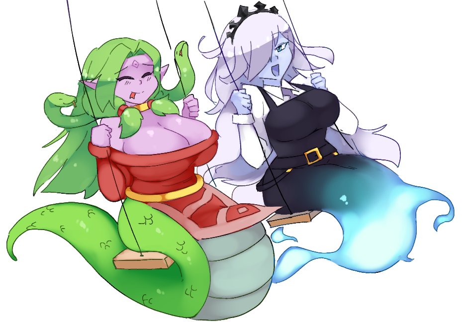 2girls :d belt belt_buckle blue_eyes blue_skin breasts buckle cleavage closed_eyes colored_skin echidna_(monster_girl_encyclopedia) facial_mark forehead_mark forked_tongue ghost green_hair hair_over_one_eye hair_tubes happy lamia large_breasts long_hair monster_girl monster_girl_encyclopedia multiple_girls open_mouth purple_skin rtil scales second-party_source silver_hair simple_background smile snake_hair swing tiara tongue tongue_out white_background will-o'-the-wisp_(monster_girl_encyclopedia)
