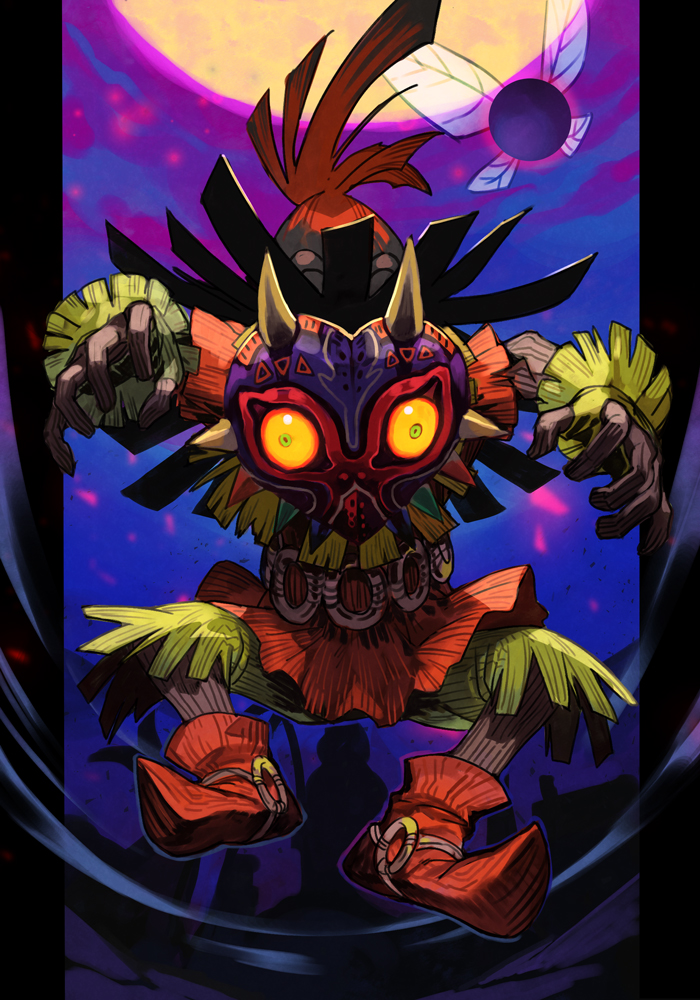 1boy boots fairy_wings full_body full_moon gloves hands_up hungry_clicker looking_at_viewer male_focus mask moon purple_background red_footwear red_shirt shirt skull_kid solo tael the_legend_of_zelda the_legend_of_zelda:_majora's_mask wings