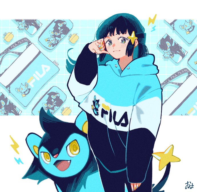 1girl bangs black_hair black_pants blush character_print closed_mouth dawn_(pokemon) eyelashes green_nails grey_eyes hair_ornament hand_up hood hood_down hooded_jacket jacket long_hair long_sleeves looking_at_viewer luxio nail_polish omyo_(myomyomyo22) pants pokemon pokemon_(creature) pokemon_(game) pokemon_dppt sidelocks signature smile symbol-only_commentary