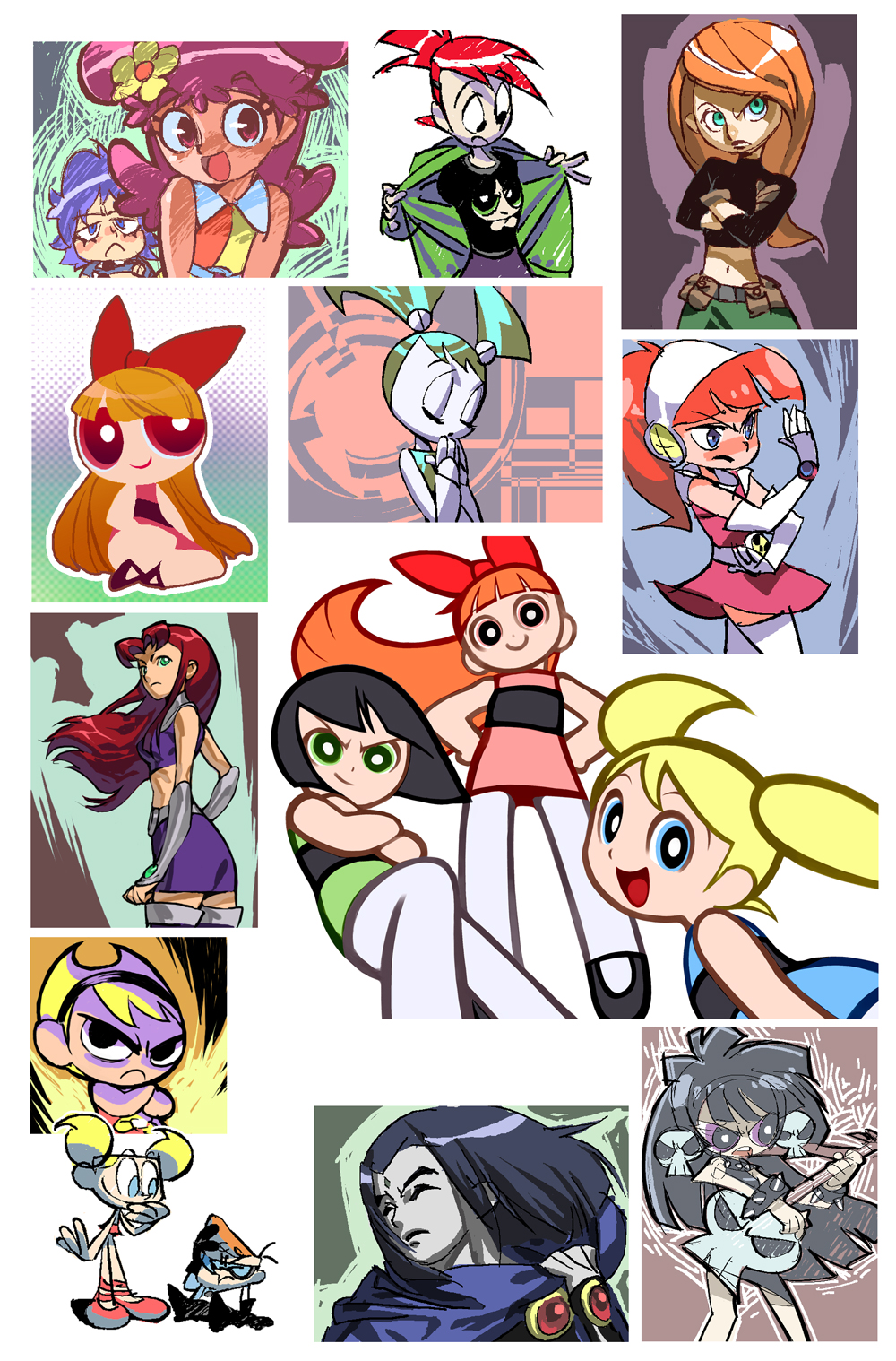 atomic_betty black_eyes black_hair blonde_hair blossom_(ppg) blue_eyes blue_hair breasts bubbles_(ppg) buttercup_(ppg) cartoon_network closed_eyes dc_comics dexter dexter's_laboratory frankie_foster green_eyes guitar highres holding holding_instrument instrument kim_possible long_hair mandy_(grim_adventures) my_life_as_a_teenage_robot otonari_koubou powerpuff_girls purple_hair raven_(dc) red_hair short_hair skirt small_breasts starfire teen_titans the_grim_adventures_of_billy_&amp;_mandy toon_(style) yoshinari_you younger