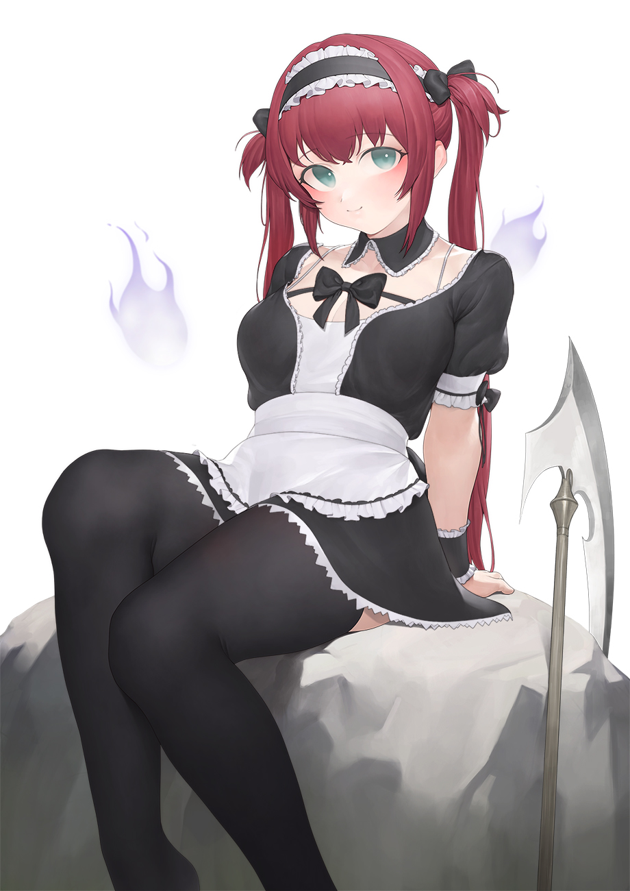 1girl airi_(queen's_blade) apron bangs black_bow black_collar black_dress black_legwear blue_eyes blush bow breasts cleavage closed_mouth collar commentary detached_collar dress eyebrows_visible_through_hair feet_out_of_frame frilled_apron frills hair_bow highres hitodama long_hair looking_at_viewer maid maid_apron maid_headdress medium_breasts ni_(221) puffy_short_sleeves puffy_sleeves queen's_blade red_hair rock scythe short_sleeves sitting smile solo thighhighs twintails waist_apron white_apron wrist_cuffs